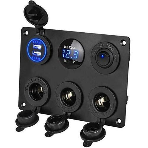 6-Hole Car Modification 12-24V Rocker Switch Control Aluminum Panel Switch Blue Boat Dual USB Charger