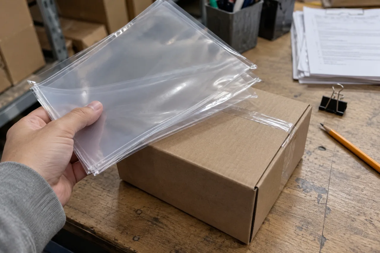 Clear document sleeves above a closed plain cargo carton
