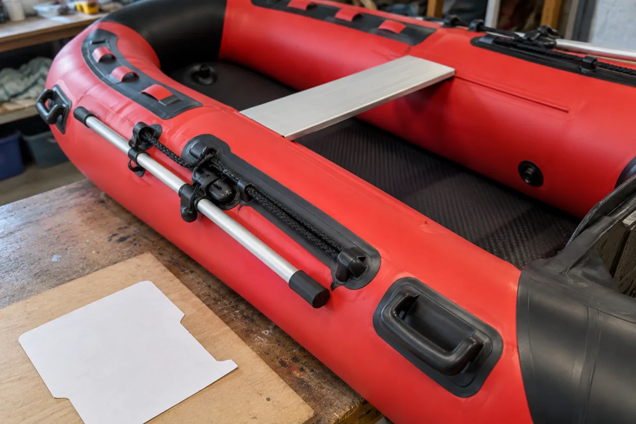 Vorhandener Bootsbefestigungspunkt neben einer losen Planungsschablone aus Papier