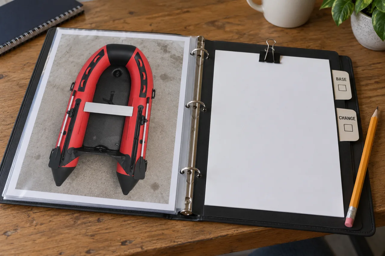 Open binder with a red boat photograph and separate blank change card