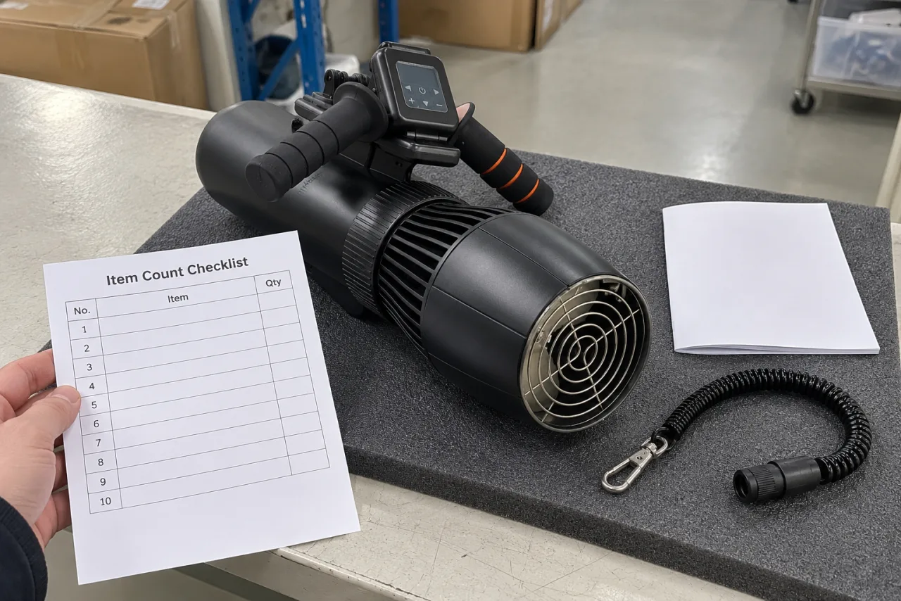 Handheld aquatic drive beside an empty item-count sheet and instruction folder