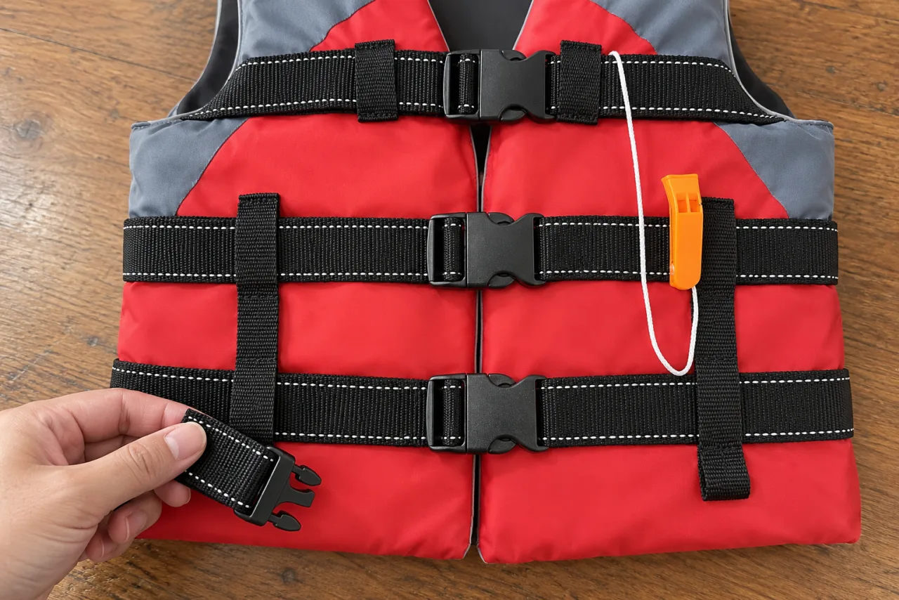 Black adjustment straps and buckles on a red-and-gray buoyancy vest