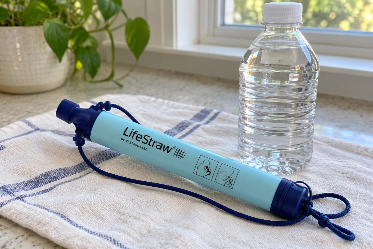 Pale-blue portable filter straw beside a sealed drinking-water bottle