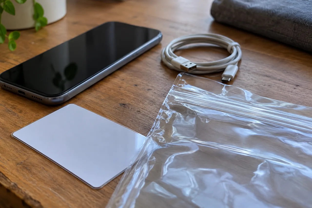 Phone, offline contact card and clear resealable pouch on a desk