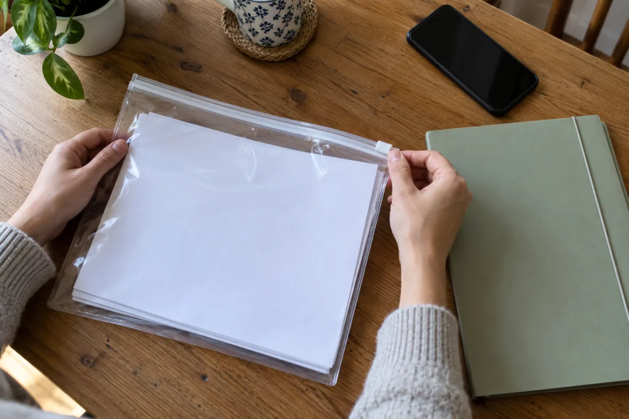 Clear resealable document pouch with blank papers beside a closed folder